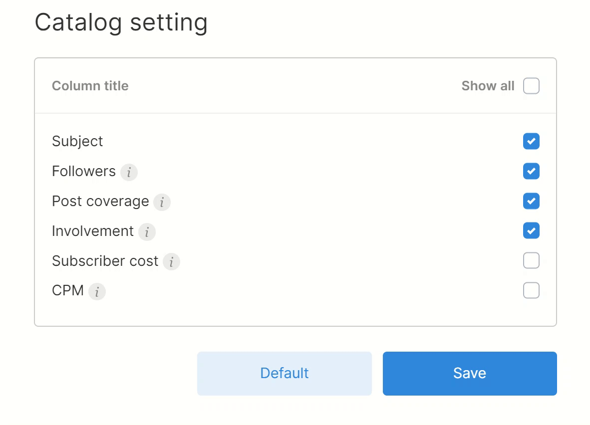 How to select CPM and subscriber cost in the extended parameters of Collaborator's catalog
