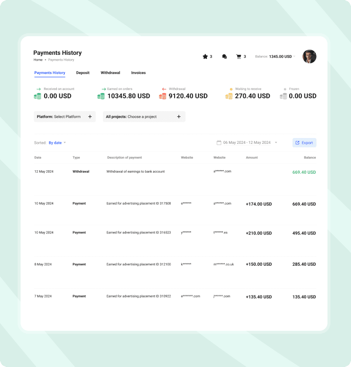 Collaborator payment history dashboard with USD transactions, withdrawal and deposit records, and payment statuses