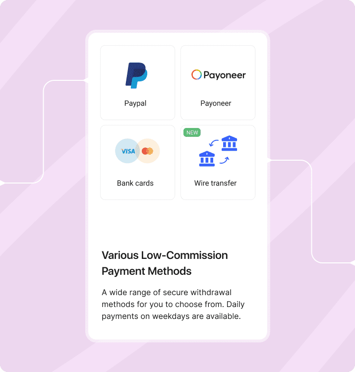 Collaborator payment options screen showing PayPal, Payoneer, bank cards, and wire transfer with low-commission rates